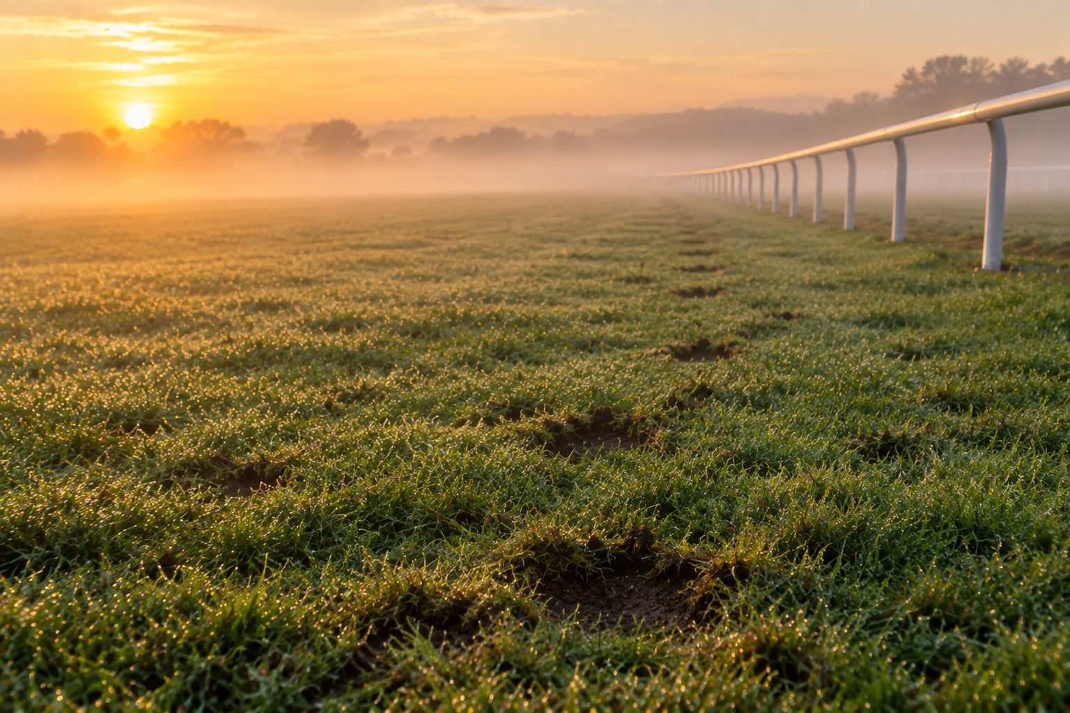 A dewy turf gallop at sunrise beside a white running rail (AI-generated illustration)